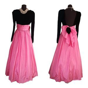Vintage 80's Prom Gown Black Velvet Bubblegum Pink Maxi Dress Formal NOS